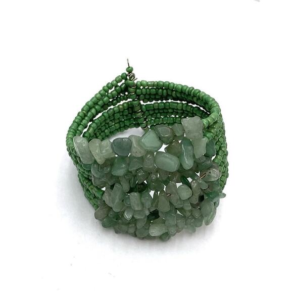 Green Aventurine Chipstone Bracelet Cuff Seed Beads Artisan - Picture 1 of 6